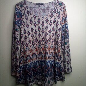 Living Doll Blouse Shirt S Long Sleeve Patterned Tan Blue